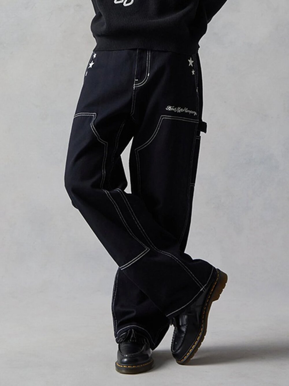 Pacsun x Ford Embroidered Star Double Knee Carpenter Baggy Jeans Black